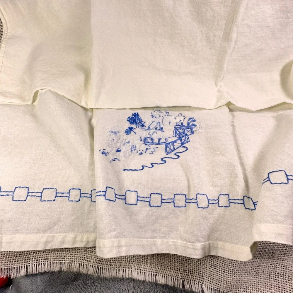Vtg Bluework Embroidered Linen Tea Towel Dutch Cottage Scene Guest Towel‎ 21x25